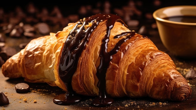 Freshly baked croissants with coffee Delicious and fragrant breakfast