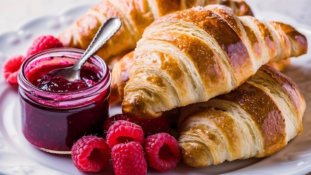 Freshly baked croissants with raspberry jam and raspberry fruits