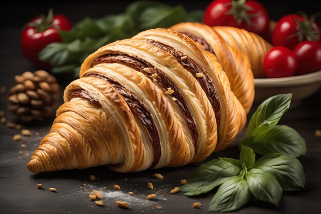 Freshly baked croissants on a wooden table close up ai generative