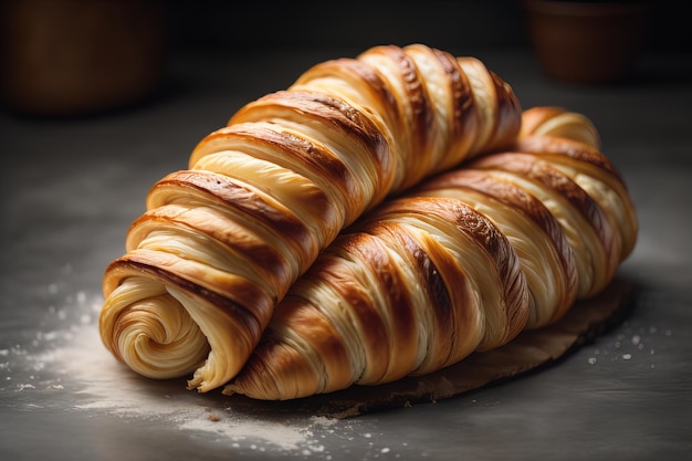 Freshly baked croissants on a wooden table close up ai generative