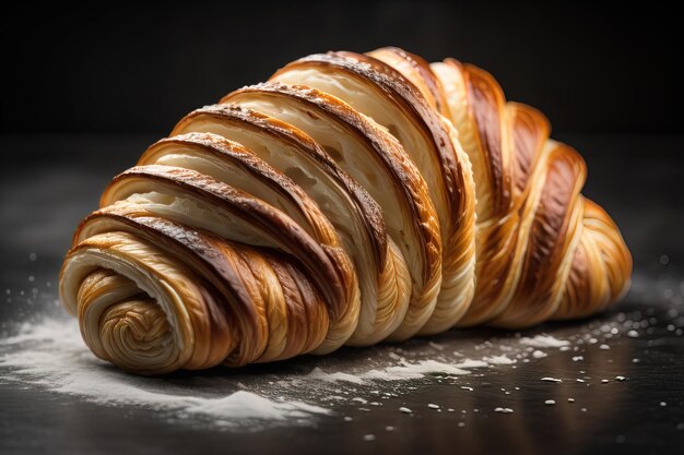 Freshly baked croissants on a wooden table close up ai generative