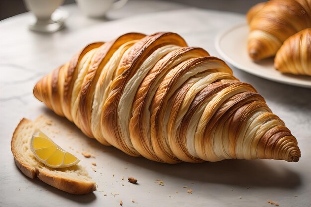 Freshly baked croissants on a wooden table close up ai generative