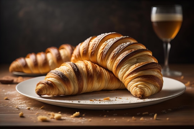 Photo freshly baked croissants on a wooden table close up ai generative