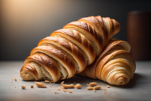 Freshly baked croissants on a wooden table close up ai generative