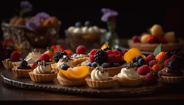 Freshly baked cupcakes with berry and chocolate toppings generated by AI