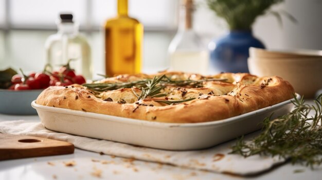 Freshly Baked Focaccia Bread Photorealistic Horizontal Illustration Crusty Pastry Gourmet Bakery Ai Generated bright Illustration with Aromatic Traditional Focaccia Bread
