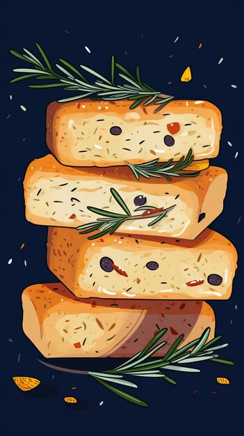 Freshly Baked Focaccia Bread Vertical Trendy Illustration