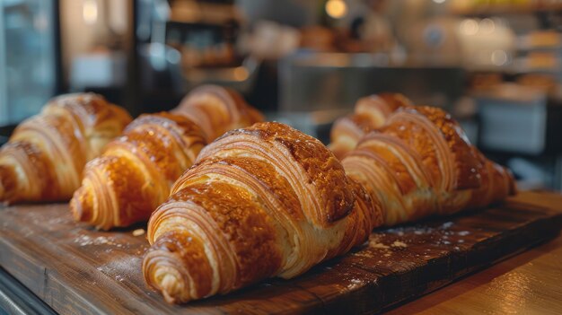 Freshly baked French croissants on a wooden board