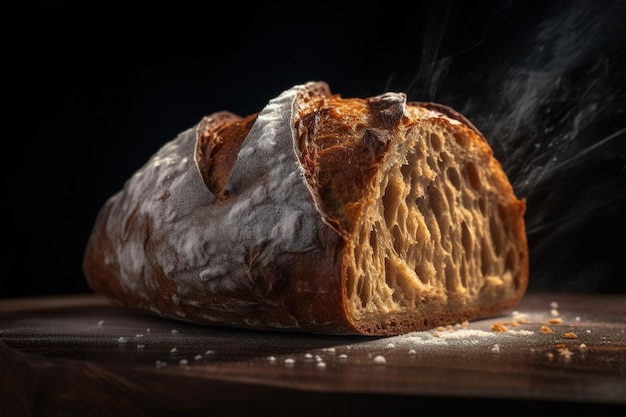 Freshly baked fresh bread cut in half Made with Generative AI