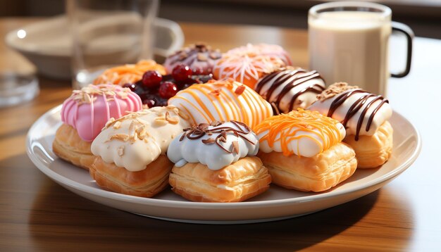 Photo freshly baked gourmet pastries on wooden table a sweet indulgence generated by ai