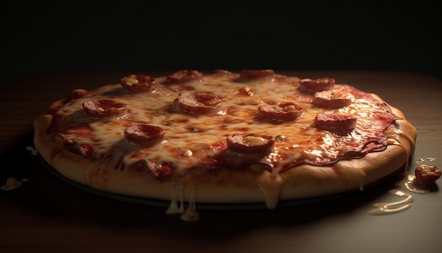 Свежевыпеченная гурманская пицца на деревянном столе, готовая к употреблению в пищу, сгенерированная искусственным интеллектом.