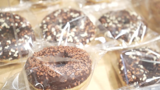 Freshly baked healthy muffins on the counter in the store Shopping at the grocery store Food sale concept