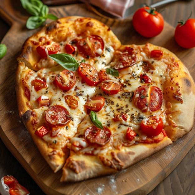 Foto pizza a forma di cuore appena cotta con pomodori cherry e basilico su una tavola di legno