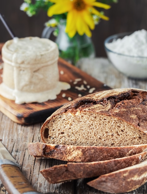 Freshly baked homemade bread cut into pieces