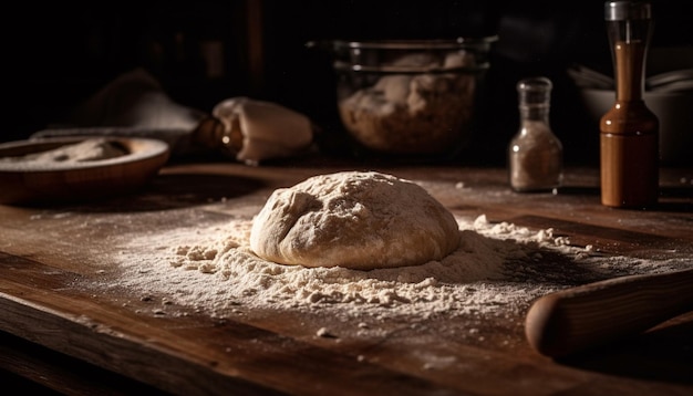 Freshly baked homemade bread on rustic table generated by AI