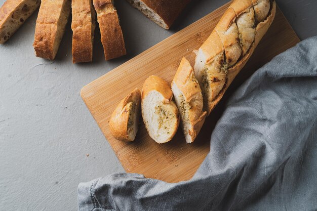 Freshly baked homemade bread with crispy crust and garlic