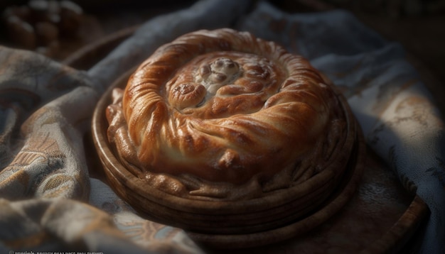 Freshly baked homemade French pastry on rustic wood plate indoors generated by artificial intelligence