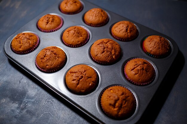 Freshly baked homemade muffins in the deck