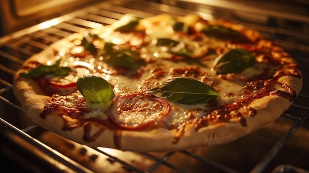 Photo freshly baked homemade pizza with tomato sauce melted cheese and basil leaves on an oven rack