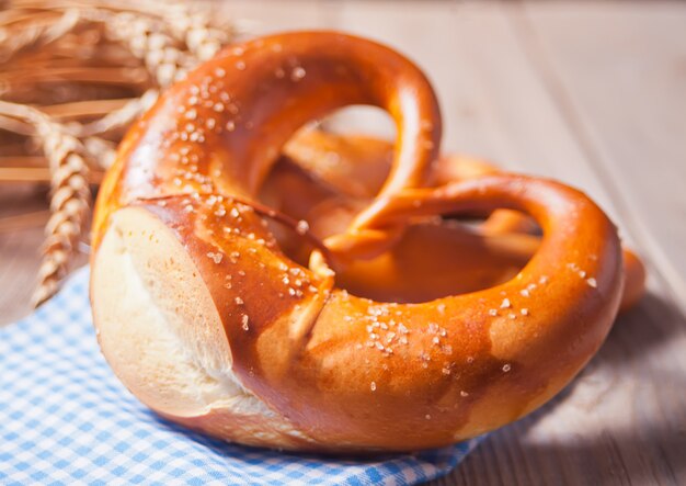 Freshly baked homemade salt Bavarian pretzel. German bakery.