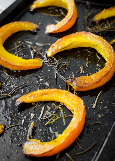 Freshly baked and juicy slices of pumpkin