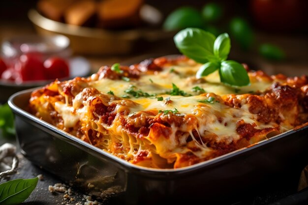 Freshly baked Lasagna Food photography Christmas themed background with bokeh lights