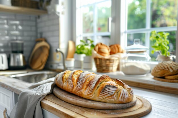 Photo a freshly baked loaf of bread sits on a wooden cutting board in a cozy kitchen setting exuding warmt