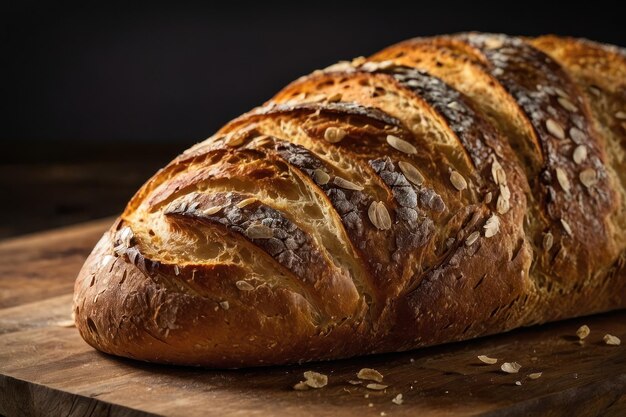 Freshly baked loaf of bread on wood