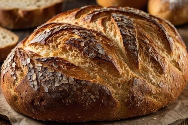 Freshly baked loaf of bread on wood