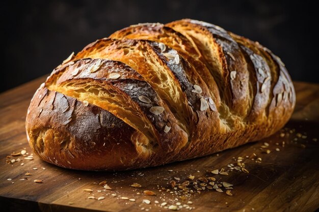 Freshly baked loaf of bread on wood