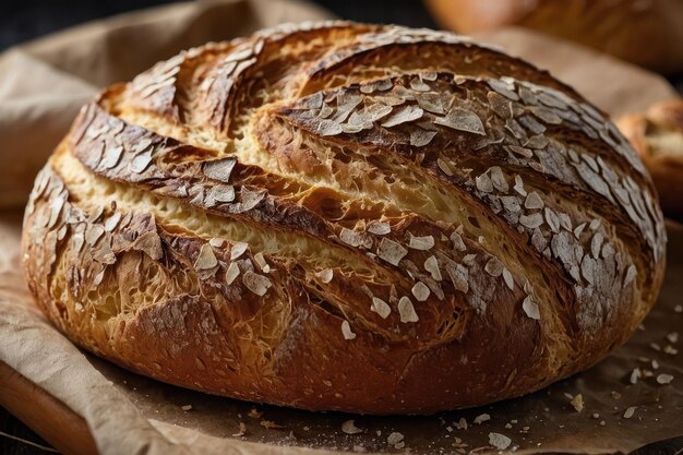 Freshly baked loaf of bread on wood