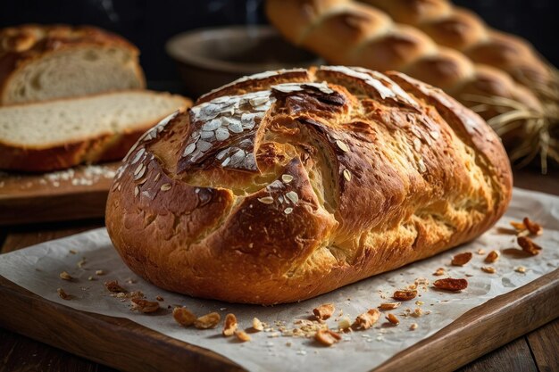 Freshly baked loaf of bread on wood