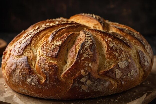 Freshly baked loaf of bread on wood