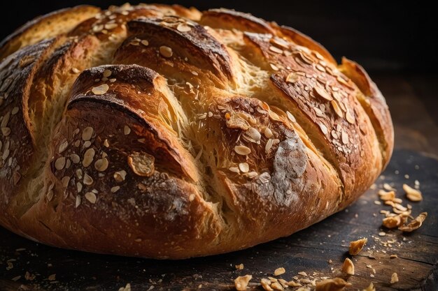 Freshly baked loaf of bread on wood