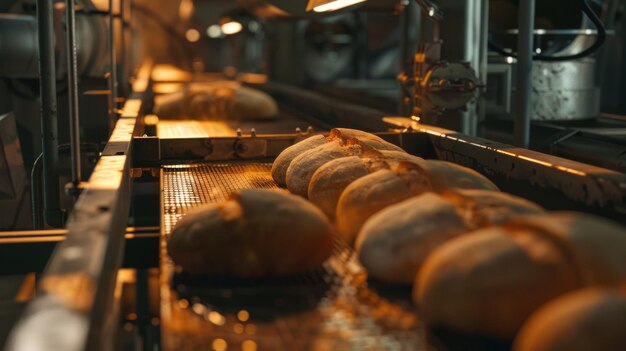 Freshly baked loaves on the conveyor of an industrial bakery