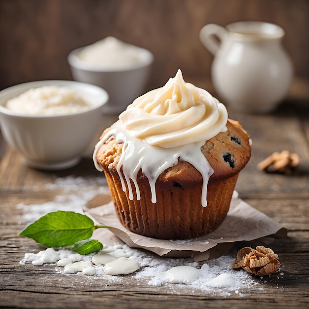 Freshly Baked Muffin with Sweet Icing on Rustic Wood