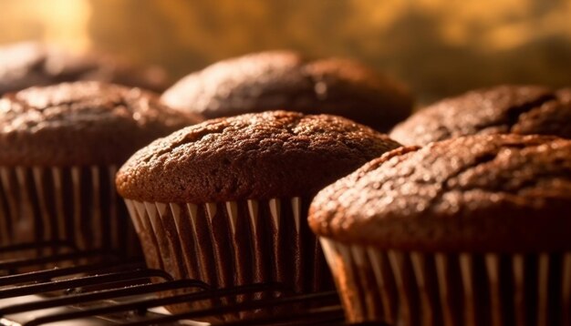 Freshly baked muffins on rustic table indulgent chocolate and blueberry generated by artificial intelligence