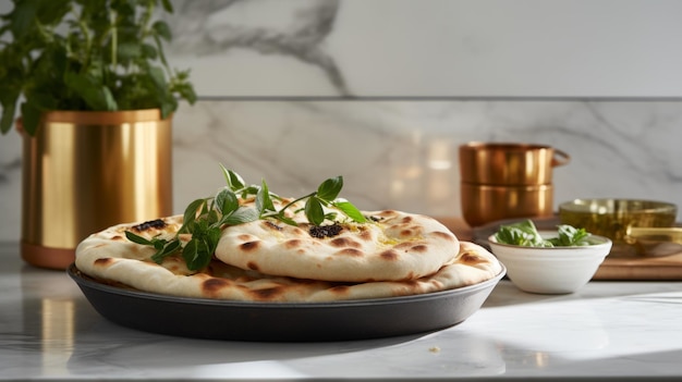 Freshly Baked Naan Flatbread Photorealistic Horizontal Illustration Crusty Pastry Gourmet Bakery Ai Generated bright Illustration with Aromatic Traditional Naan Flatbread