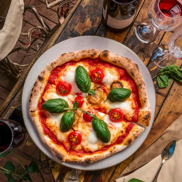 Freshly baked Neapolitan pizza with mozzarella and fresh basil on a wooden table served with wine