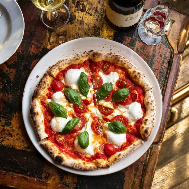 Freshly baked Neapolitan pizza with mozzarella and fresh basil on a wooden table served with wine