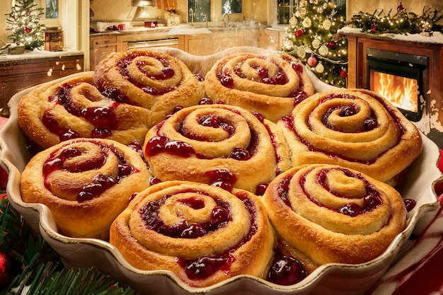 Freshly baked orange and cranberry cinnamon rolls for Christmas