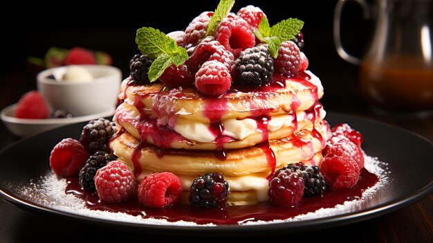 Freshly baked pancake with whipped cream and homemade berry sauce