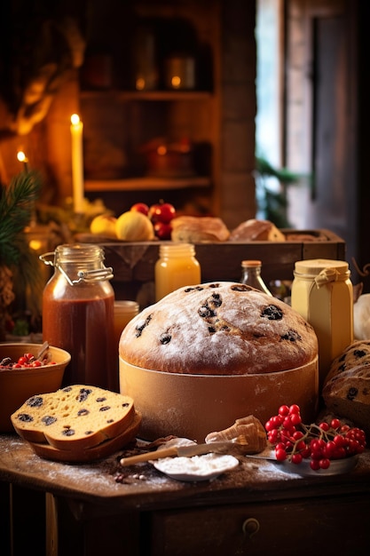 クリスマスの装飾に囲まれた田舎の木製のテーブルに 新鮮に焼かれたパネトーネ・デ・ナタルと