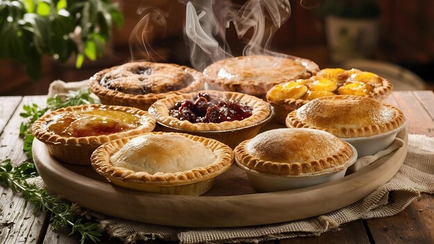 Freshly baked pies on the wooden tray