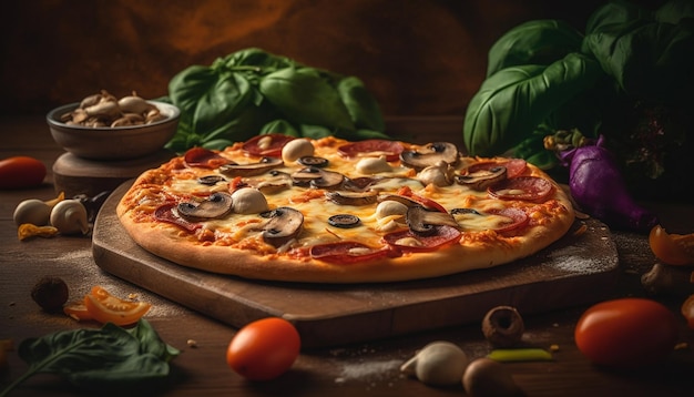 AI가 생성한 소박한 나무 테이블 위의 갓 구운 피자