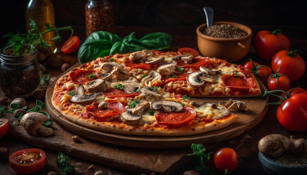 Freshly baked pizza on rustic wooden table generated by AI