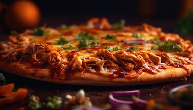 Freshly baked pizza on rustic wooden table generated by AI