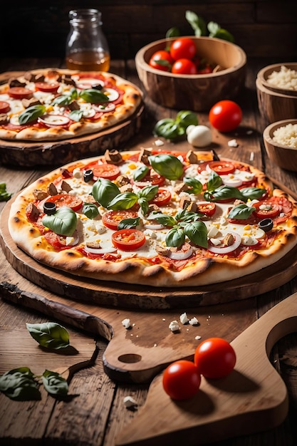 Freshly baked pizza on a rustic wooden table