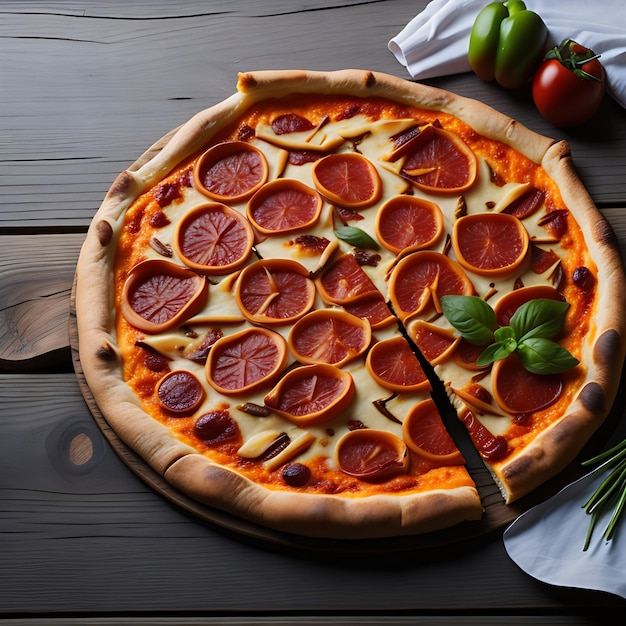 Freshly baked pizza on rustic wooden table