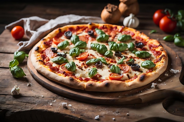 Freshly baked pizza on rustic wooden table